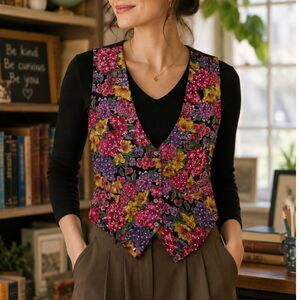 Vintage90s Floral Beaded Vest Medium Black Rayon Sequin Teacher Waistcoat